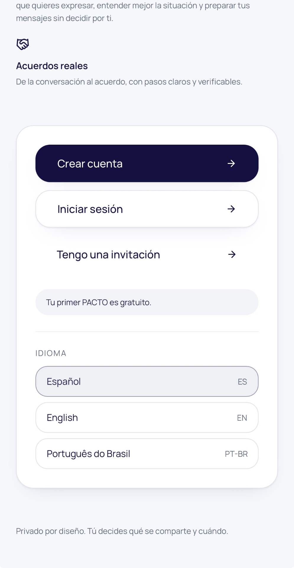 Crear cuenta e idioma