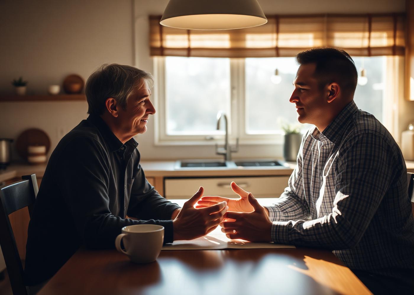 Dos adultos conversando con calma en la mesa de la cocina durante una conversación difícil