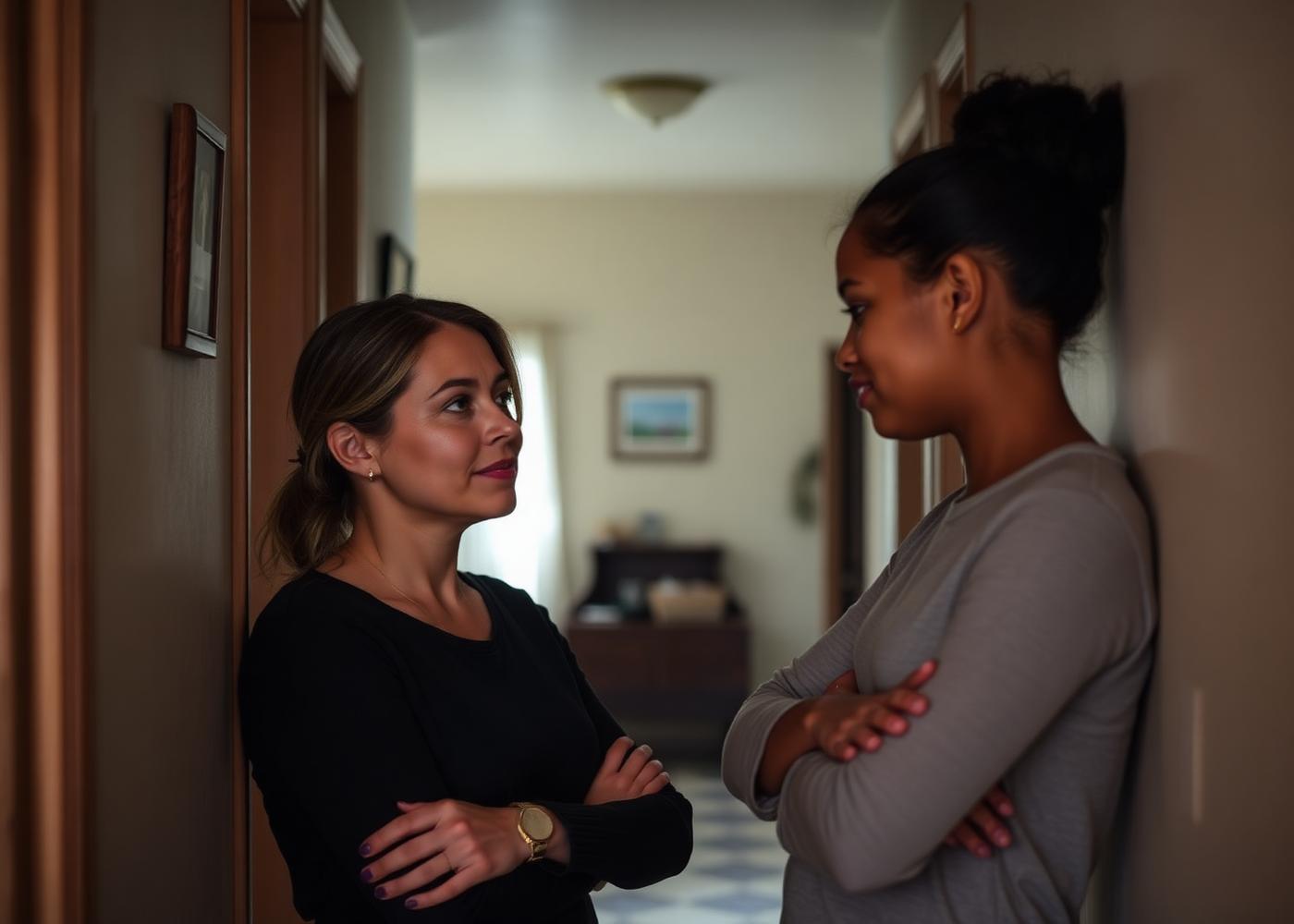Madre conversando con calma con su hija preadolescente en el pasillo de casa