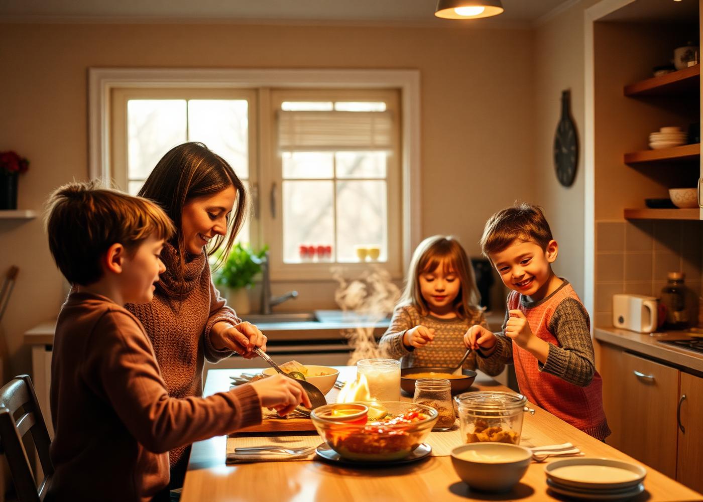 Familia preparando la cena junta en una cocina cálida