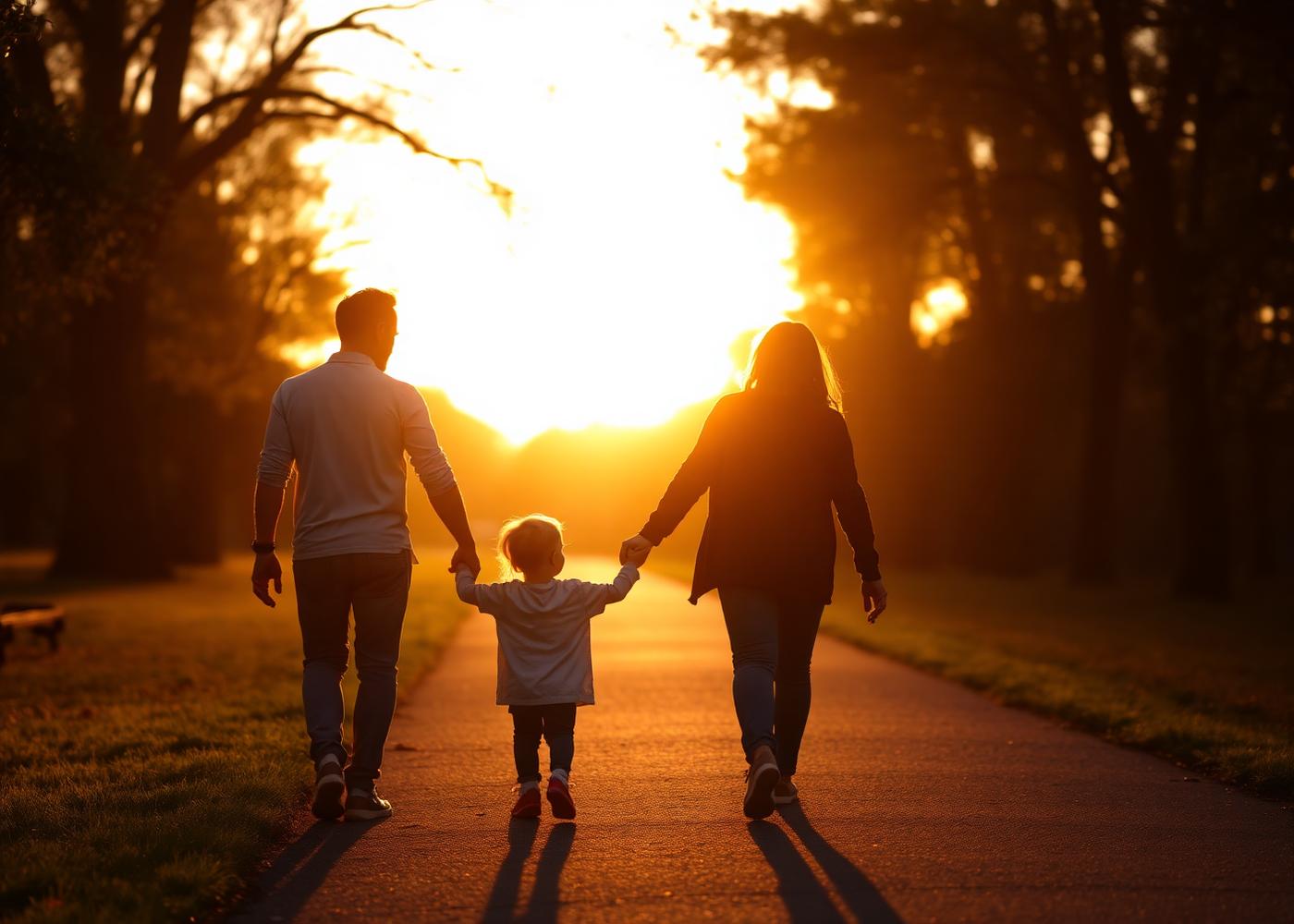 Dos madres y padres caminando al atardecer con su hijo pequeño de la mano