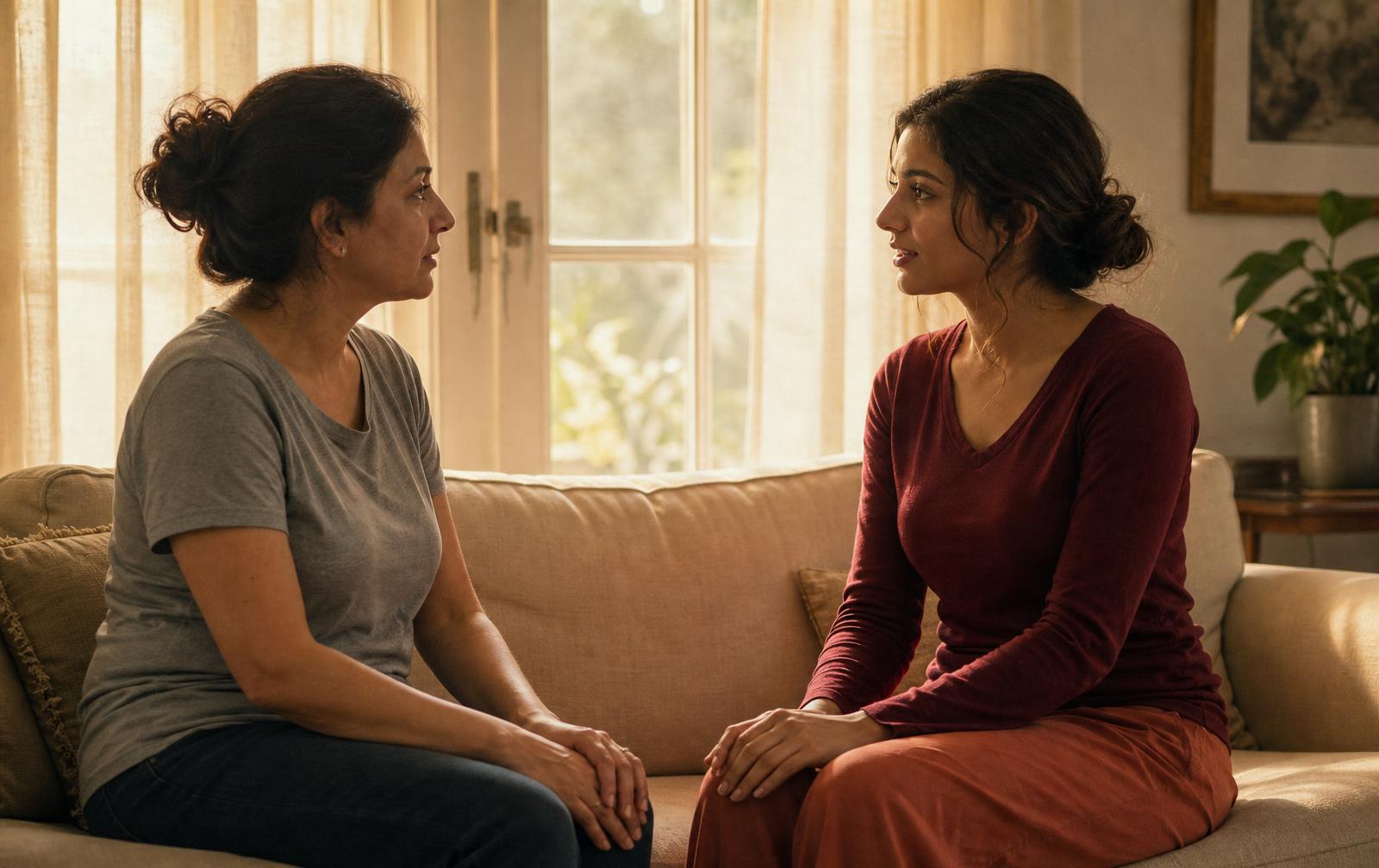 Madre y adolescente sentadas frente a frente en el sofá manteniendo una conversación respetuosa