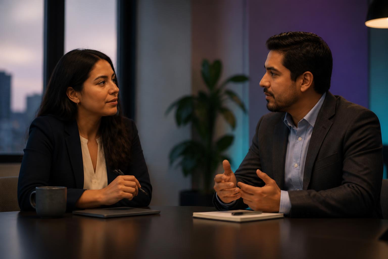Dos profesionales conversando y mirándose durante una reunión de trabajo
