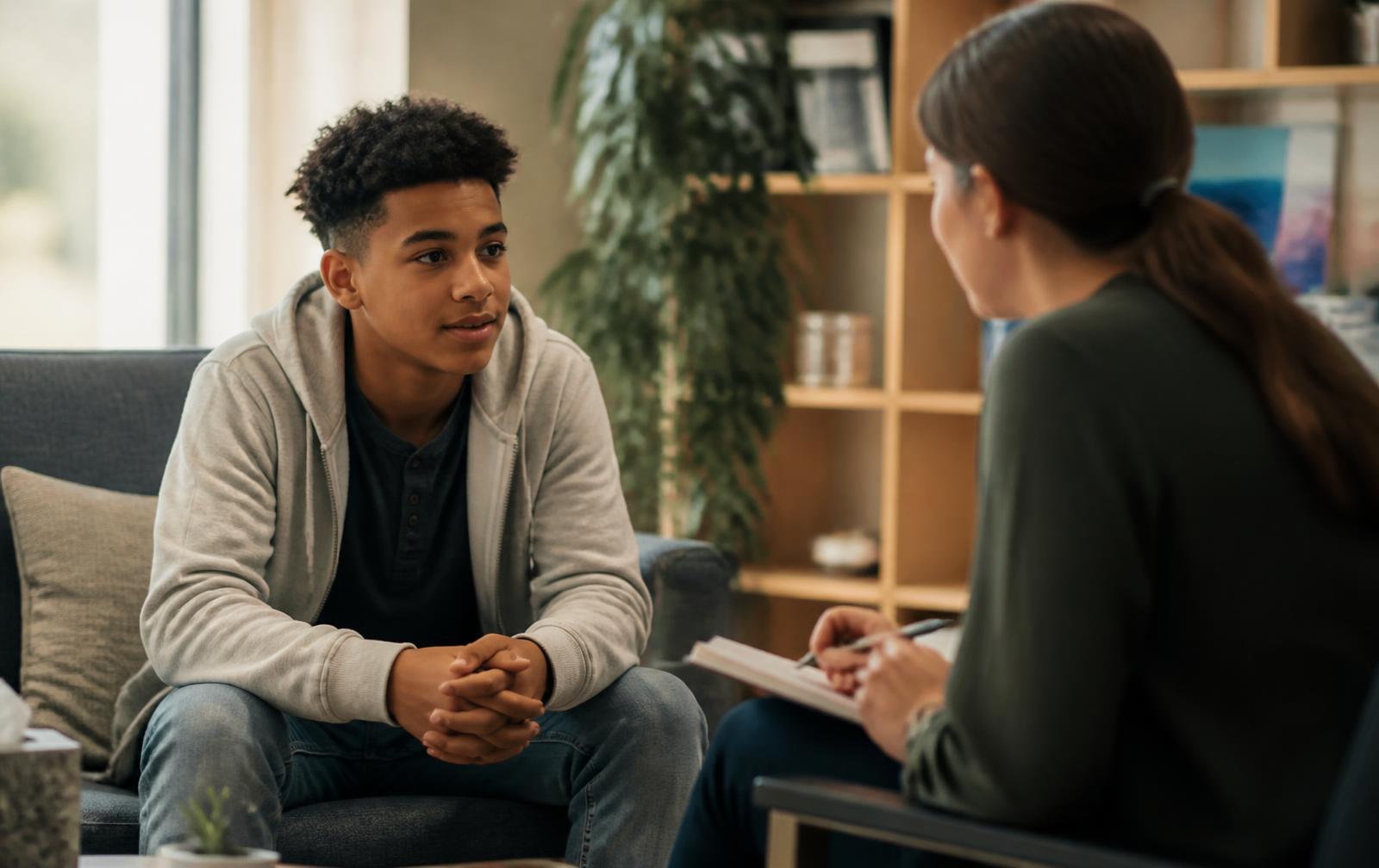 Adolescente conversando con una profesional que toma notas en un espacio comunitario luminoso