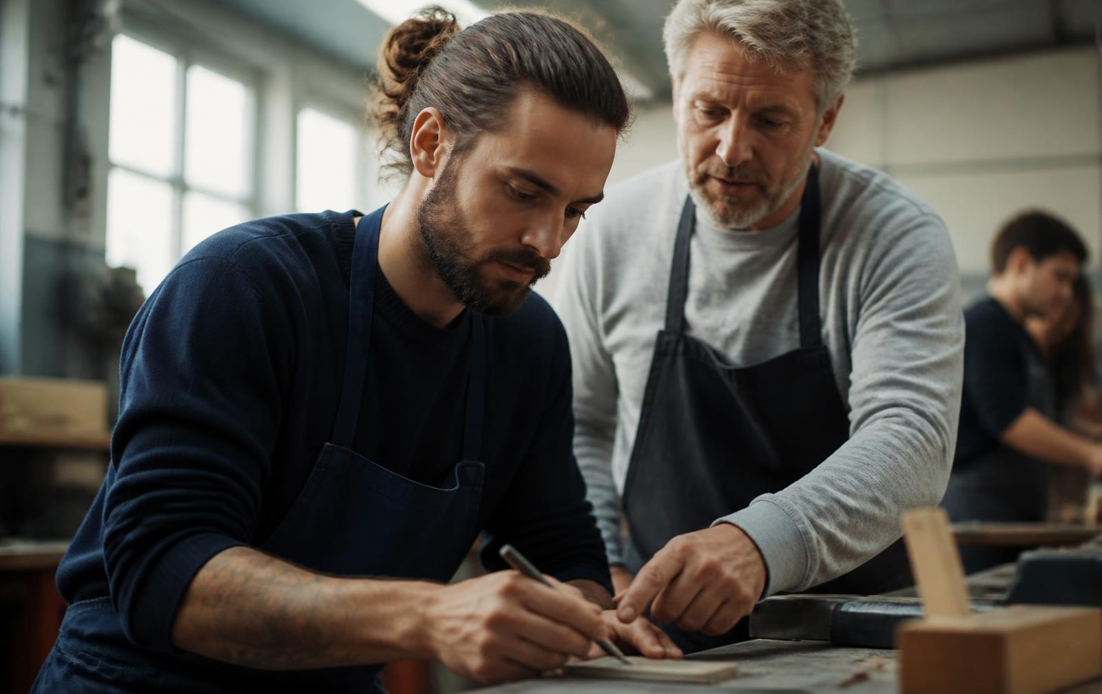 Hombre adulto aprendiendo un oficio en un taller de formación junto a un mentor que lo acompaña